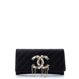 Chanel CC Dangling Embellished Flap Clutch Quilted Satin