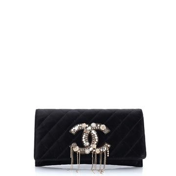 Chanel CC Dangling Embellished Flap Clutch Quilted Satin