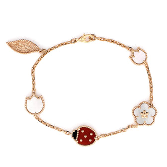 Van Cleef & Arpels Lucky Spring 5 Motifs Bracelet 18K Rose Gold and Mother of Pearl with Onyx and Carnelian