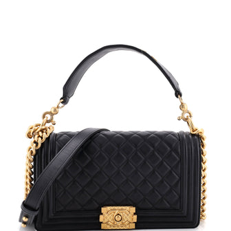 Chanel Logo Top Handle Boy Flap Bag Quilted Calfskin Old Medium
