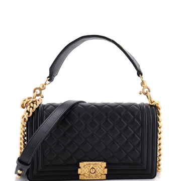 Chanel Logo Top Handle Boy Flap Bag Quilted Calfskin Old Medium