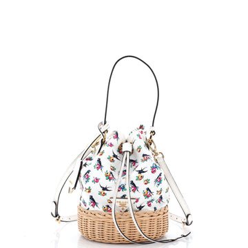 Prada Drawstring Bucket Bag Printed Canvas and Wicker Small