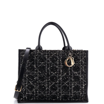Christian Dior Book Tote with Strap Cannage Quilt Tweed with Leather Medium