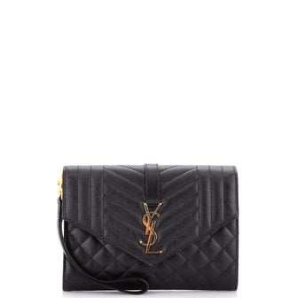 Saint Laurent Classic Monogram Envelope Wristlet Clutch Mixed Matelasse Leather
