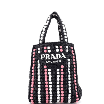 Prada Triangle Logo Open Tote Raffia and Wood Beads Small