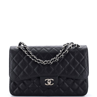 Chanel Vintage Classic Double Flap Bag Quilted Caviar Jumbo