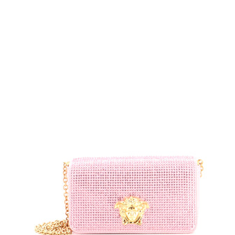 Versace La Medusa Full Flap Clutch with Chain Crystal Embellished Satin
