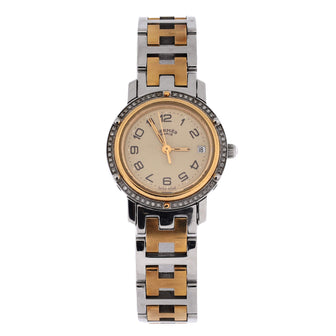 Hermes Clipper Quartz Watch Stainless Steel and Plated Metal with Diamond Bezel 24