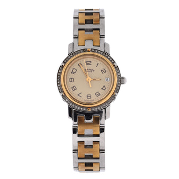 Hermes Clipper Quartz Watch Stainless Steel and Plated Metal with Diamond Bezel 24