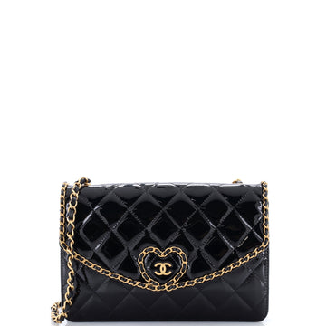 Chanel Heart Chain Flap Bag Quilted Patent Small