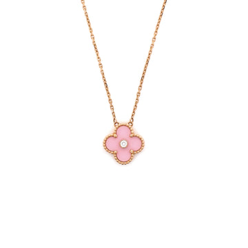 Van Cleef & Arpels Vintage Alhambra Pendant Necklace 18K Rose Gold and Pink Sevres Porcelain with Diamond