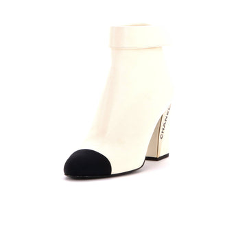 Chanel Women's Logo Cap Toe Heeled Ankle Boots Leather with Grosgrain
