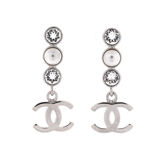 Chanel CC Round Drop Dangle Earrings Metal with Crystals and Faux Pearls