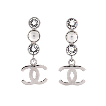 Chanel CC Round Drop Dangle Earrings Metal with Crystals and Faux Pearls