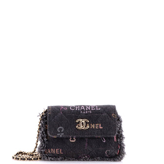 Chanel Denim Mood Flap Clutch with Chain Logo Printed Quilted Fringe Denim
