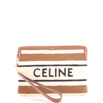 Celine Logo Zip Wristlet Pouch Striped Jacquard Textile Small