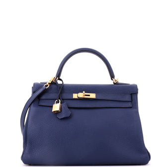 Hermes Kelly Handbag Bleu Saphir Clemence with Gold Hardware 32