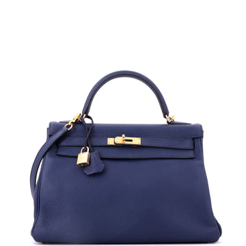 Hermes Kelly Handbag Bleu Saphir Clemence with Gold Hardware 32
