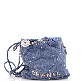 Chanel 22 Chain Hobo Quilted Studded Denim Mini