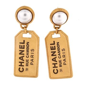 Chanel Logo Tags Drop Earrings Metal with Faux Pearls