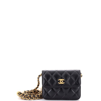 Chanel Double CC Pearl Card Holder on Chain Quilted Lambskin