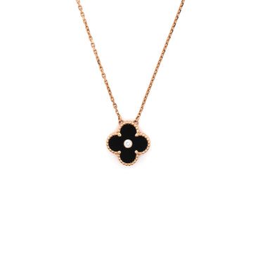 Van Cleef & Arpels Vintage Alhambra Pendant Necklace 18K Rose Gold and Onyx with Diamond