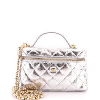 Chanel Classic Top Handle Slim Vanity Case with Chain Quilted Metallic Aged Calfskin Small