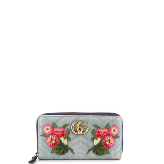 Gucci GG Marmont Zip Around Wallet Embroidered Matelasse Denim
