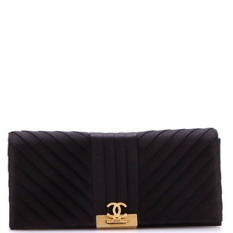 Chanel Chevron Pleated CC Flip Lock Flap Clutch Satin
