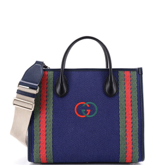 Gucci Interlocking G Web Tote Embroidered Canvas Medium