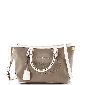 Prada Logo Convertible Zip Tote Canvas with Leather Small