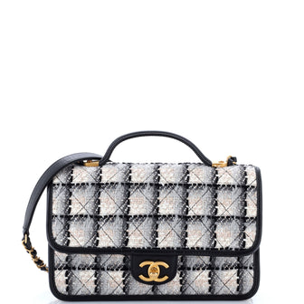 Chanel School Memory Top Handle Flap Bag Quilted Tweed Small
