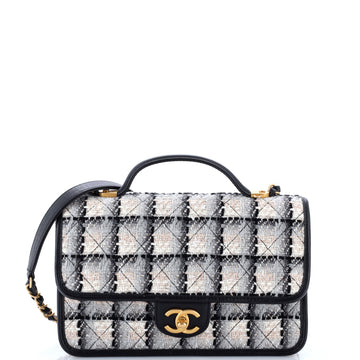 Chanel School Memory Top Handle Flap Bag Quilted Tweed Small