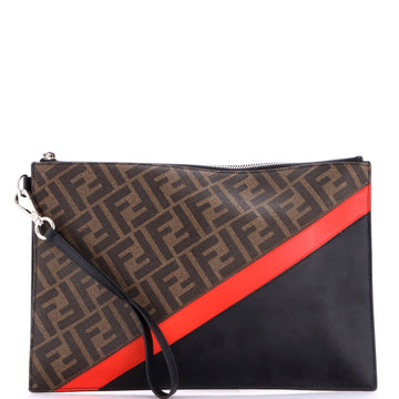 Fendi Zip Flat Wristlet Pouch Zucca Coated Canvas and Leather Medium