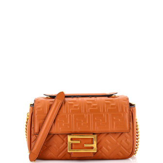 Fendi Midi Baguette Chain Bag Zucca Embossed Leather Small
