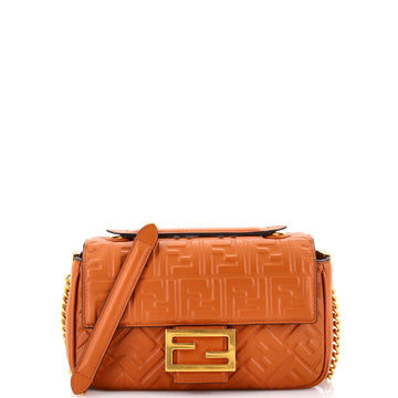 Fendi Midi Baguette Chain Bag Zucca Embossed Leather Small