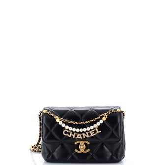 Chanel Logo Chains Flap Bag Quilted Lambskin with Faux Pearls and Crystals Mini