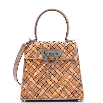 Salvatore Ferragamo Gancini Earth Convertible Top Handle Bag Woven Cork Mini