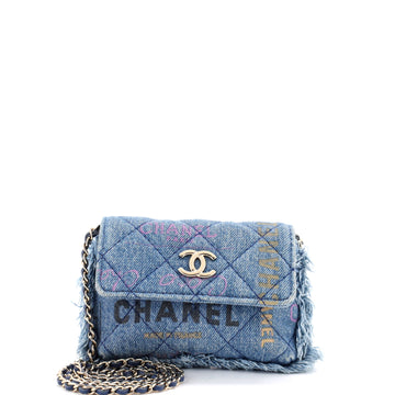 Chanel Denim Mood Flap Clutch with Chain Logo Printed Quilted Fringe Denim