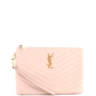 Saint Laurent Classic Monogram Wristlet Pouch Matelasse Chevron Leather Small