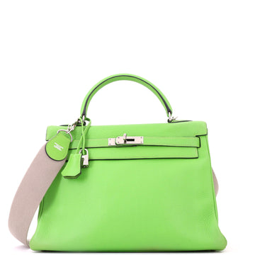 Hermes Kelly Handbag Vert Cru Clemence with Palladium Hardware 32