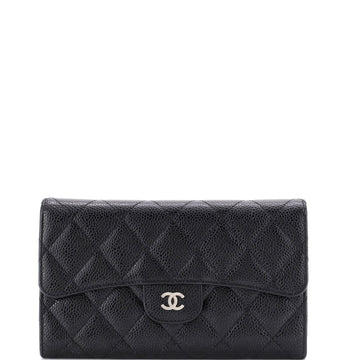 Chanel CC Gusset Classic Flap Wallet Quilted Caviar Long