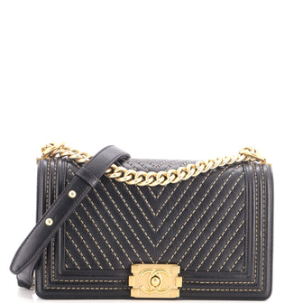 Chanel Boy Flap Bag Chevron Calfskin with Micro Chain Detail Old Medium