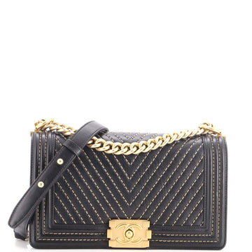 Chanel Boy Flap Bag Chevron Calfskin with Micro Chain Detail Old Medium