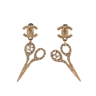 Chanel CC Scissor Dangle Earrings Crystal Embellished Metal
