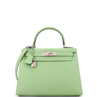 Hermes Kelly Handbag Vert Criquet Epsom with Palladium Hardware 28