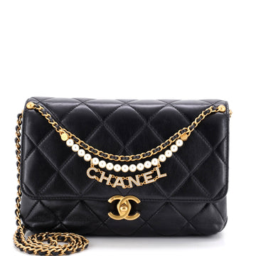 Chanel Logo Chains Flap Bag Quilted Lambskin with Faux Pearls and Crystals Small