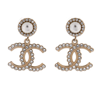 Chanel CC Round Drop Earrings Metal with Crystals and Faux Pearls