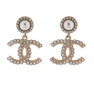 Chanel CC Round Drop Earrings Metal with Crystals and Faux Pearls