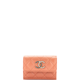 Chanel CC Pearl Enamel Trifold Flap Wallet Quilted Lambskin Small